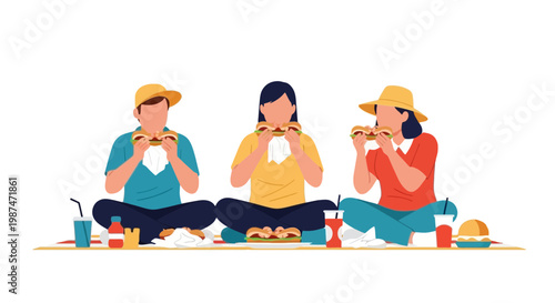 Group of Friends Enjoying Picnic with Food and Drinks Outdoors
