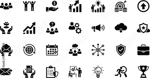 Collection of solid black business strategy and growth glyph icons for financial success corporate management and professional achievement vector.