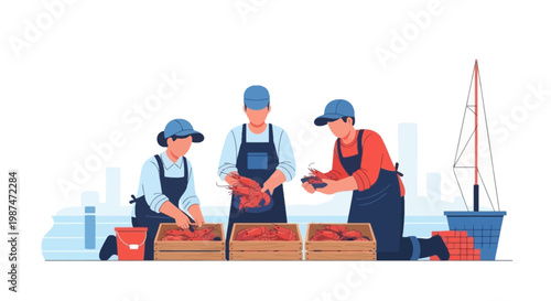 Three People Preparing Fresh Seafood on Market Stall