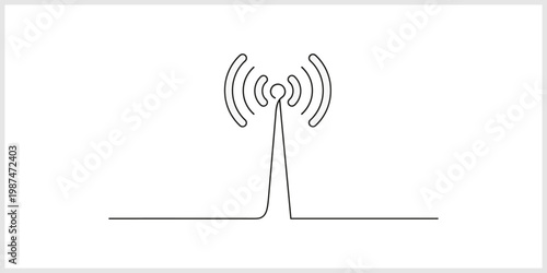 Continuous Line Drawing of a Wireless Communication Tower with Signal Waves