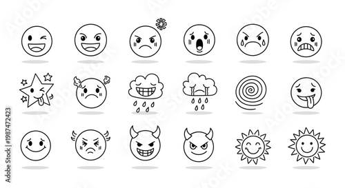 Emotions depicted through various emoticon faces and symbols in illustrations