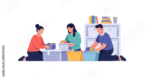 Family Sorting and Organizing Items in Living Room