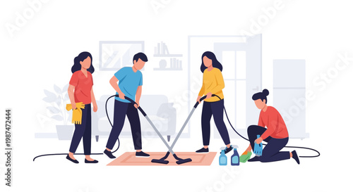 Cleaning Service Team Vacuuming Carpet in Modern Living Room