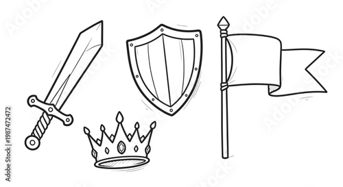 A medieval knight's sword, shield, crown, and flag on a white background