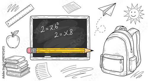 School supplies and books arranged on a desk with a chalkboard