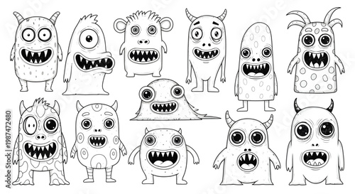 A variety of monsters are standing in a row with sharp teeth.