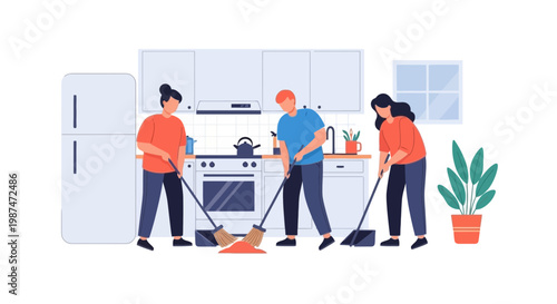 Family Cleaning Kitchen Scene with Adults Mopping and Sweeping