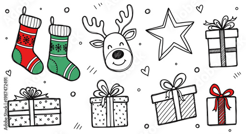 A festive holiday scene with colorful socks, gifts, and a reindeer face surrounded by decorations.