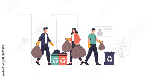 People Participating in Community Cleanup with Recycling Bins