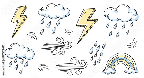 Weather forecast icons show rain clouds, lightning, wind, and a rainbow in the sky.