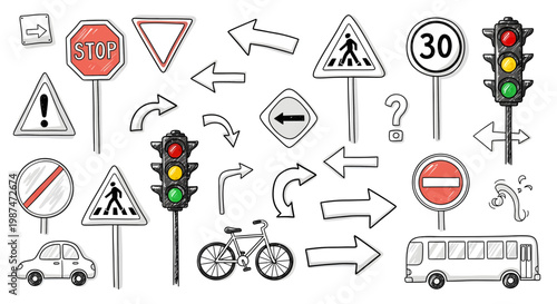 Traffic signs and symbols with arrows and vehicles on road