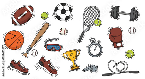 Various sports equipment and medals scattered on a surface for competition