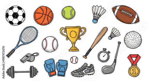 Various sports equipment and medals arranged on a surface for display purposes