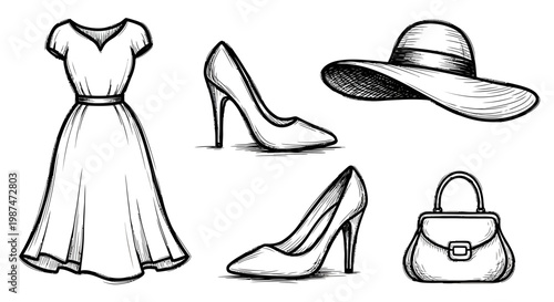 Fashion illustration of a dress, high-heeled shoes, hat, and handbag on a white background.