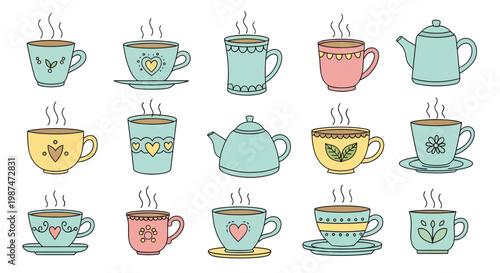 Colorful tea cups and teapots are arranged on a table indoors.