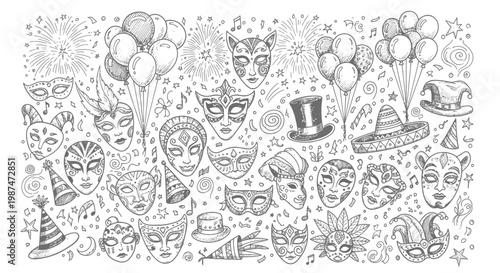 A vibrant party scene with masks, hats, and balloons, celebrating festive fun and emotions with people.