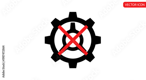 A broken gear icon with a red X marked through it on a white background