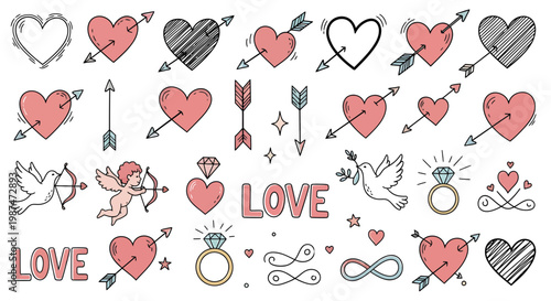 A collection of various heart symbols and love icons, including arrows, rings, and doves, arranged in a colorful and whimsical illustration.
