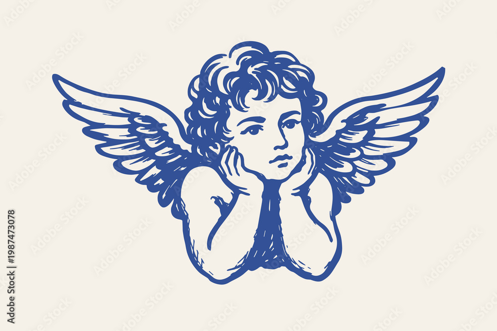 Fototapeta premium Hand drawn cherub angel vector illustration with wings in vintage classical blue engraving style