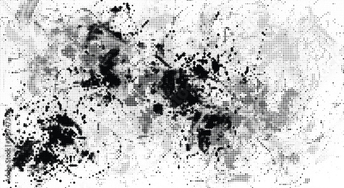 Halftone pattern background with black ink splatters abstract grunge distressed texture overlay for graphic design.