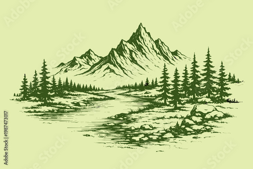 Hand drawn mountain landscape vector illustration with river, pine forest and green wilderness scenery