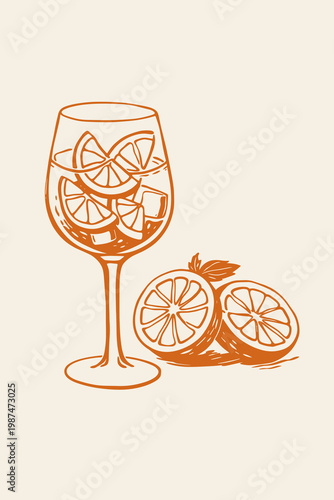 Hand drawn citrus cocktail vector illustration with orange slices in elegant summer drink outline style