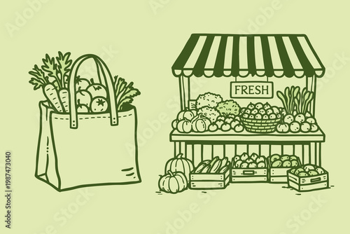 Hand drawn farmers market vector illustration with fresh vegetable bag and produce stand in green outline style