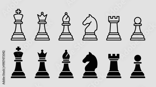 A set of chess piece vector icons, including pawn, knight, rook, bishop, queen, and king.