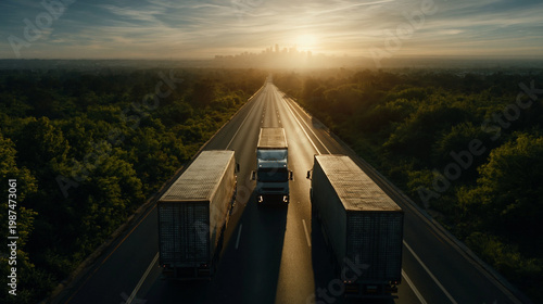 Highway Transport at Sunrise: A fleet of transport vehicles traverse a vast highway at dawn, symbolizing the logistics and supply chain of commerce. Captured with the golden hues of the sunrise.