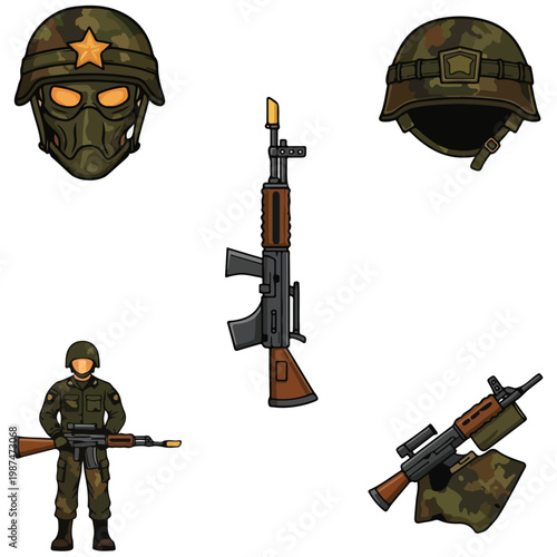 Cartoon Military Soldier and Combat Gear Vector Set