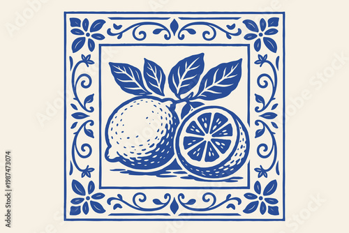Hand drawn lemon tile vector illustration with citrus fruit in ornamental blue Mediterranean frame style