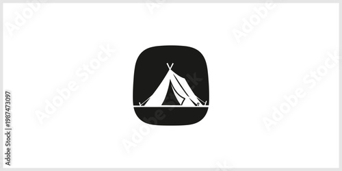 Minimalist Black Tent Icon on White Background