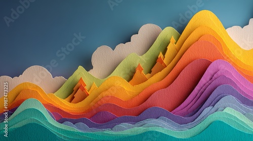 A vibrant and colorful illustration of layered mountains and clouds in a serene landscape