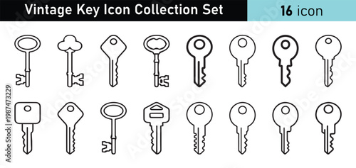 Antique Skeleton Key and Security Door Lock Key Icons