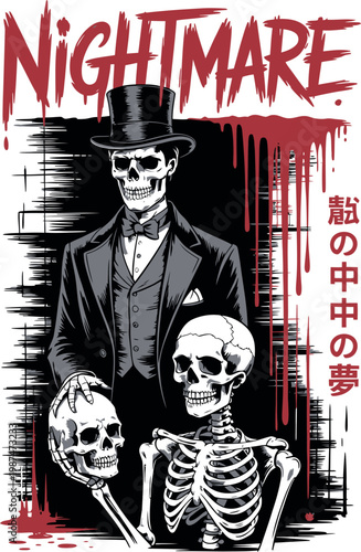 Gothic skeleton man in top hat holding skull bloody.