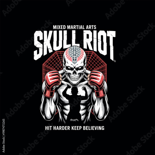 Skull fighter in boxing gloves mma concept with text.