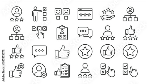 User Rating and Feedback Line Icons Set – Review, Satisfaction, Voting, Selection and Customer Experience Outline Icons