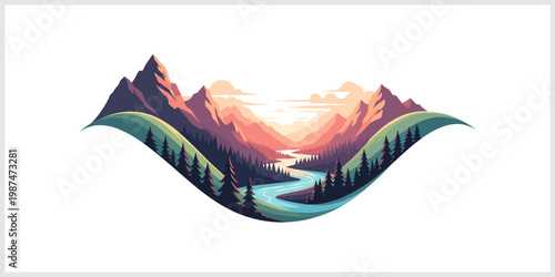 Serene Mountain Valley Landscape with Winding River and Pine Forest