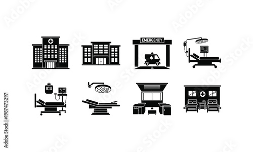 Illustrations of various hospital departments and medical facilities