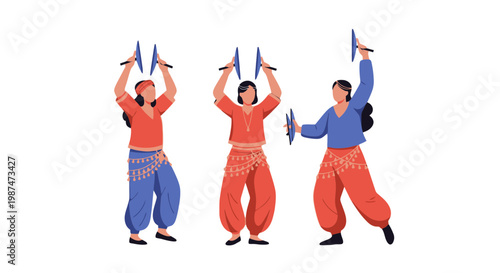 Women Dancing in Traditional Cultural Attire with Handheld Instruments