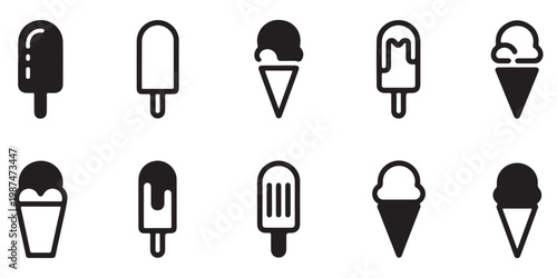 Assorted Ice Cream and Popsicle Icons in Minimalist Black Style