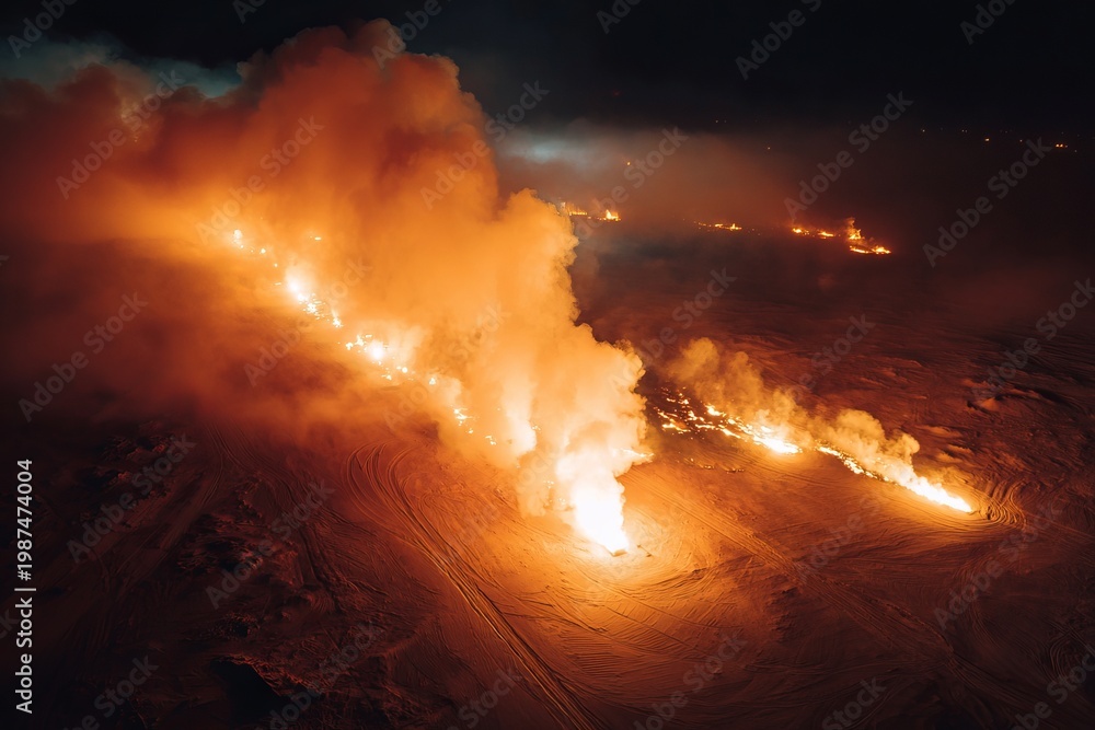 Fototapeta premium Fires illuminating the night sky with golden flames and heavy smoke over a vast landscape, creating an artistic contrast of light and dark during a dramatic scene