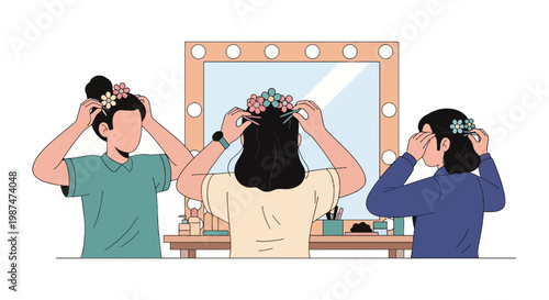 Young women adjusting makeup and hair in front of a mirror