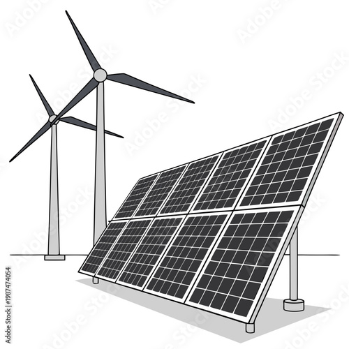 Renewable energy sources with solar panel and wind turbines on for sustainable power generation
