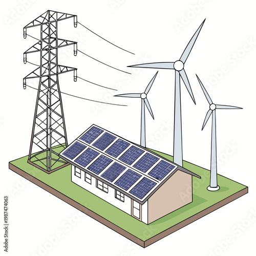 Renewable energy system with solar panels on a house and wind turbines connected to power grid via transmission tower on green grassy field