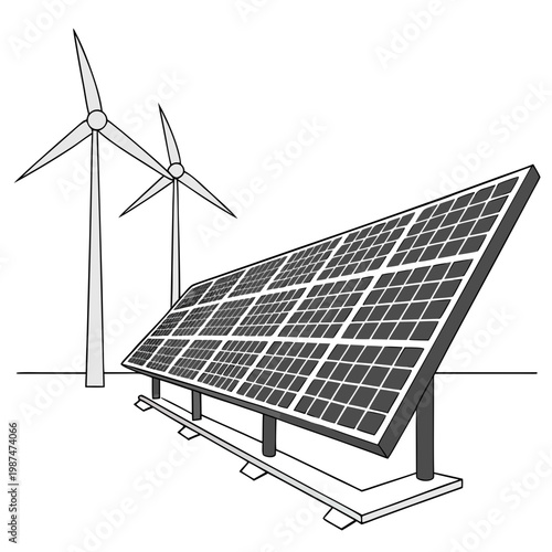Renewable energy sources with solar panel and wind turbines on for sustainable power generation