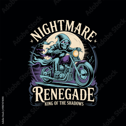 Nightmare renegade grim reaper on motorcycle under moon.