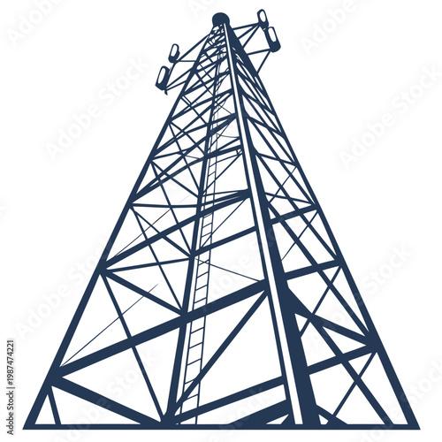 Dark blue silhouette of a cell tower or radio broadcasting antenna on with geometric metal structure