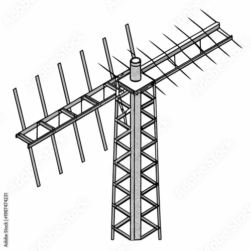 A black and white illustration of a large outdoor television antenna mounted on a tall metal tower with a