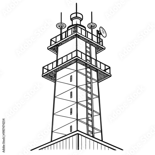 A black and white line drawing of a tall tower with a satellite dish on top